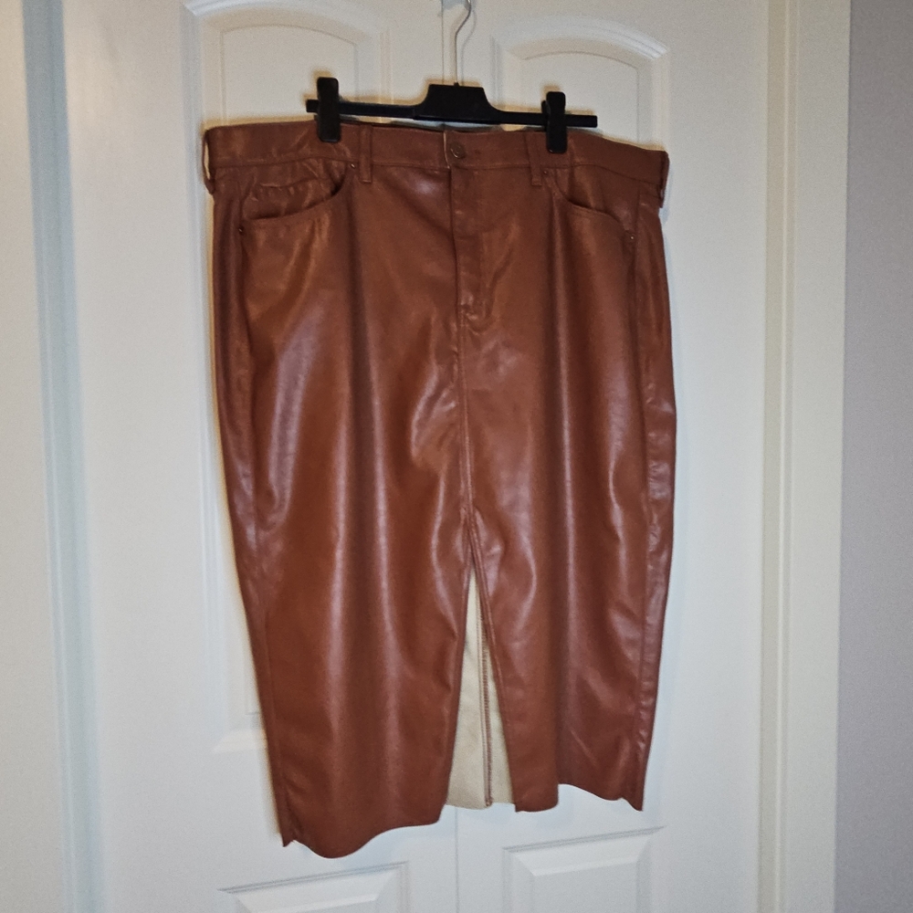 Torrid Pleather Midi Skirt Front Slit SZ 24 Brown - Picture 4 of 10